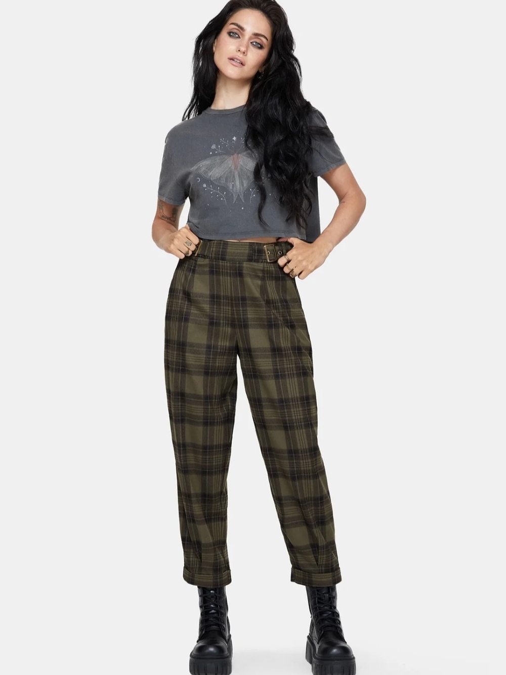 Disturbia Olive Plaid Straight-Leg Trousers Size 12